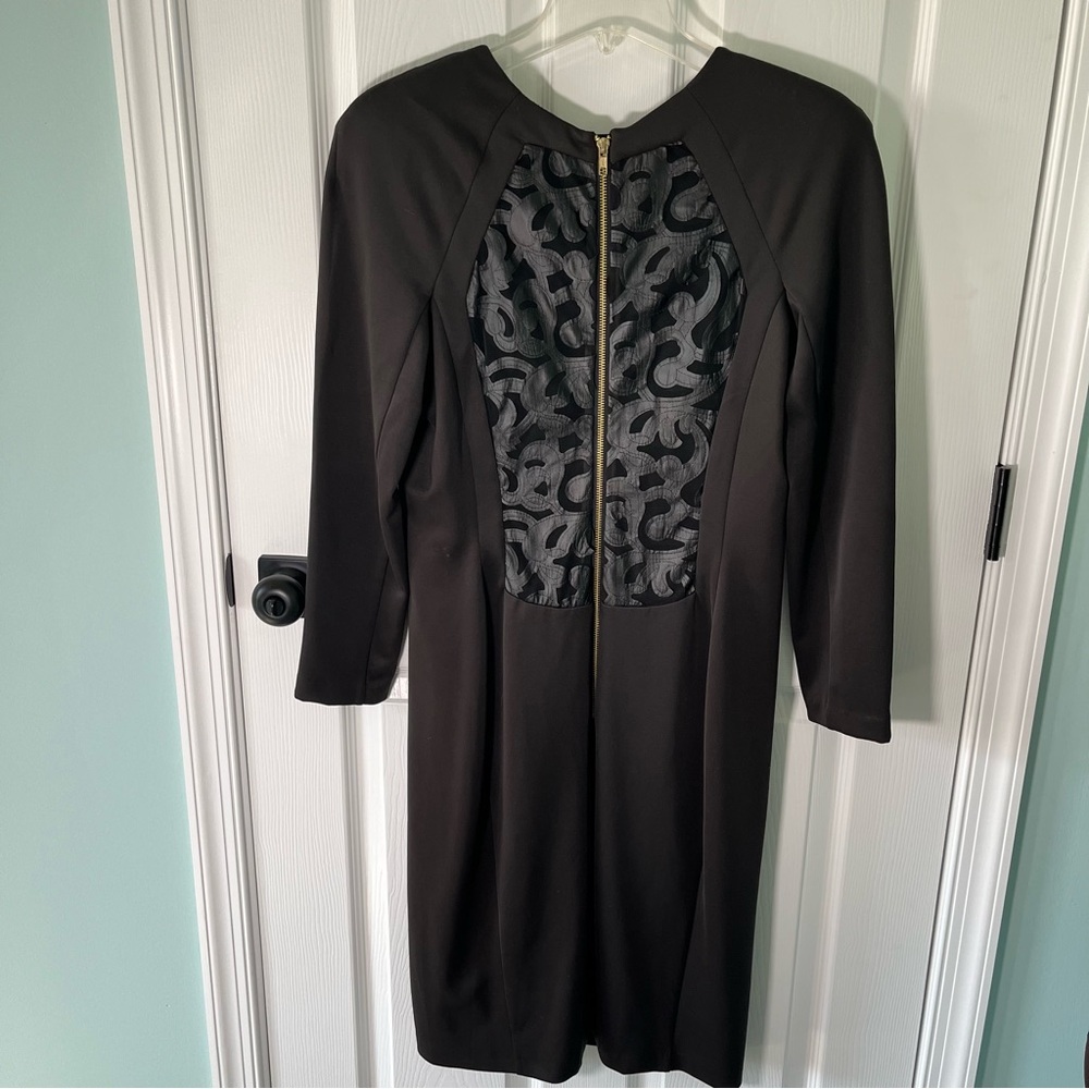 Alexia Admor Black Laser Cut Sheer Back Midi Dress Gold Zipper Size Large